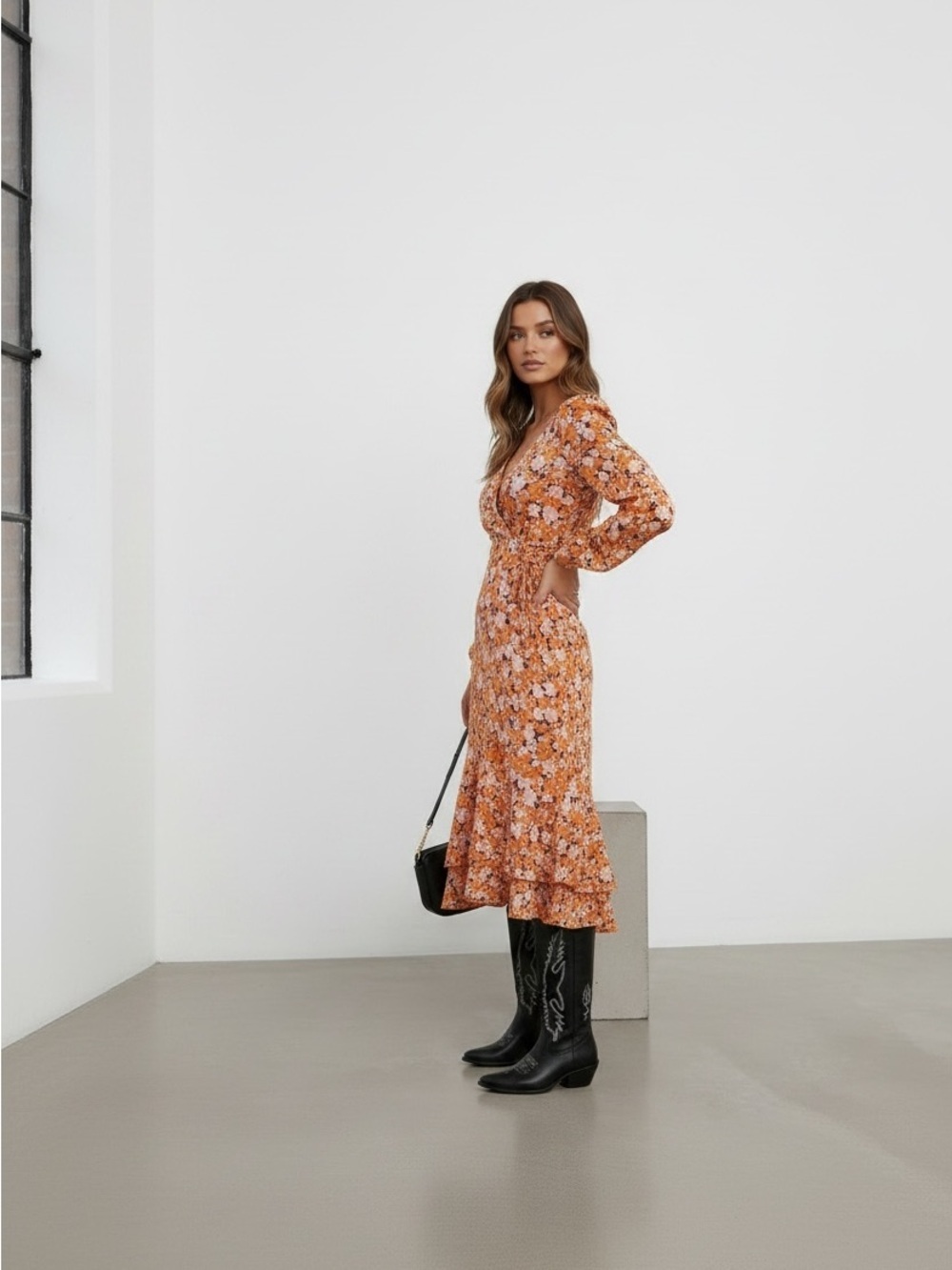 Wayf Orange Floral V-Neck Midi Dress - Picture 2 of 4